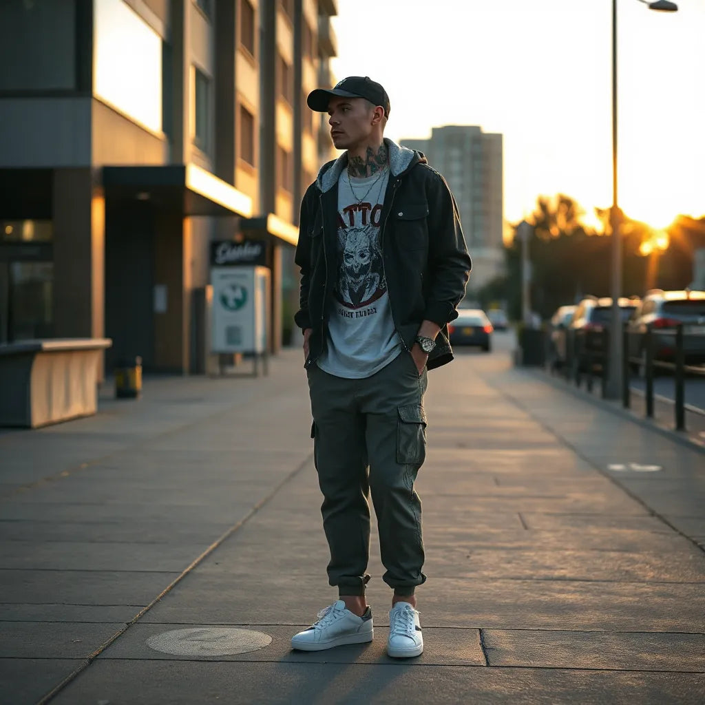 Model in tattoo-inspired streetwear outfit with ink-like graphic top and layered streetwear jacket in an urban setting